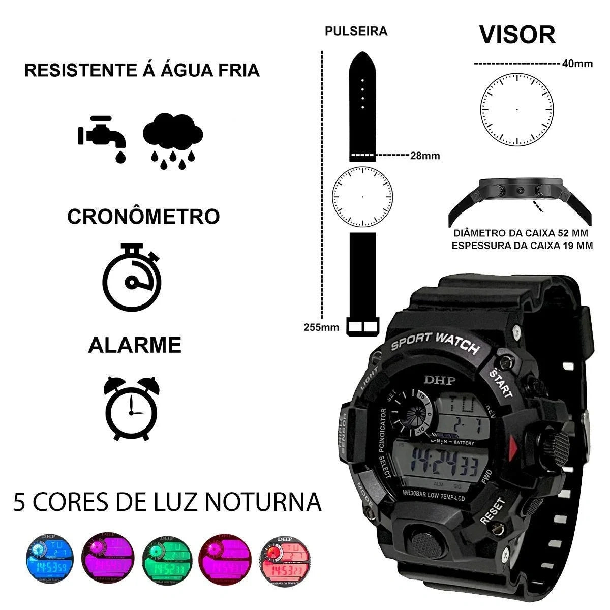 Relógio Digital DHP Voyager Masculino – Esportivo e Resistente à Água