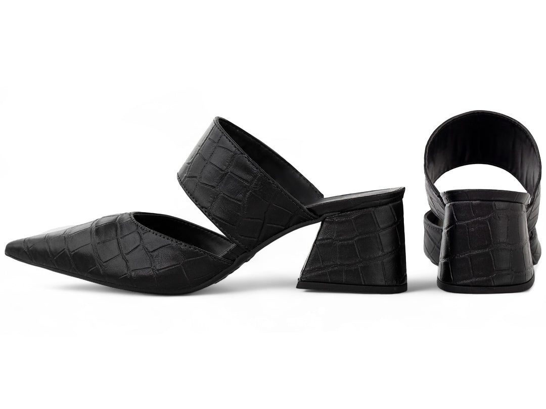 Mule Feminino Scarpin Croco Salto Bloco 6 cm Bico Fino