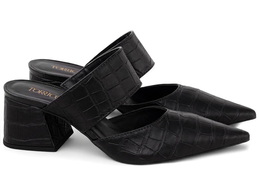 Mule Feminino Scarpin Croco Salto Bloco 6 cm Bico Fino