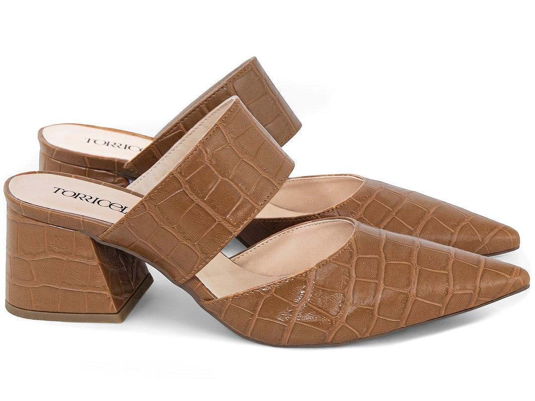 Mule Feminino Scarpin Croco Salto Bloco 6 cm Bico Fino