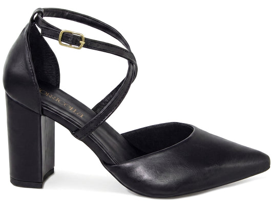 Scarpin Feminino Salto Bloco 8 cm com Tira Cruzada e Fivela