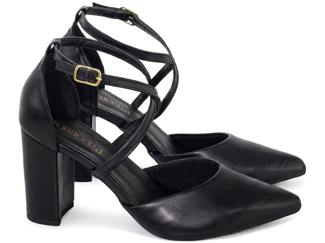 Scarpin Feminino Salto Bloco 8 cm com Tira Cruzada e Fivela