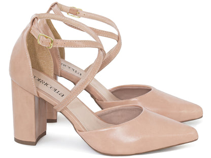 Scarpin Feminino Salto Bloco 8 cm com Tira Cruzada e Fivela